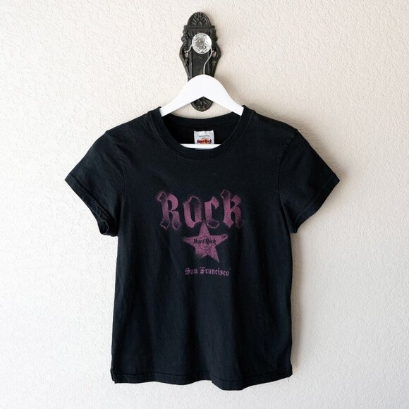 Vintage Tee 2005 Hard Rock San Francisco Womens Sz M Black Purple Star Retro - Picture 1 of 5
